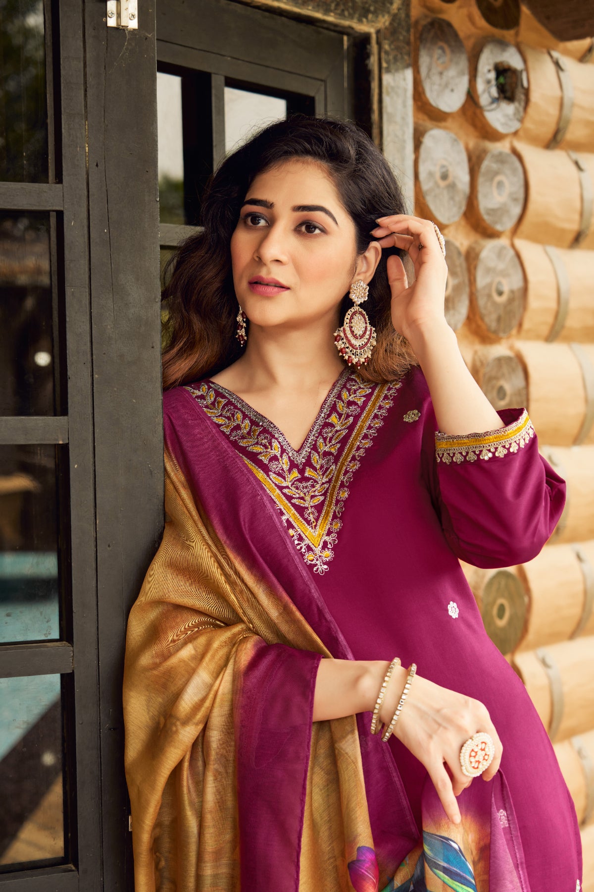 Women's Maroon Roman Silk Embroidered Kurta Pant Set with Floral Digital Print Chanderi Silk Dupatta