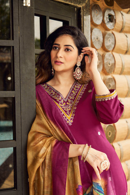 Women's Maroon Roman Silk Embroidered Kurta Pant Set with Floral Digital Print Chanderi Silk Dupatta
