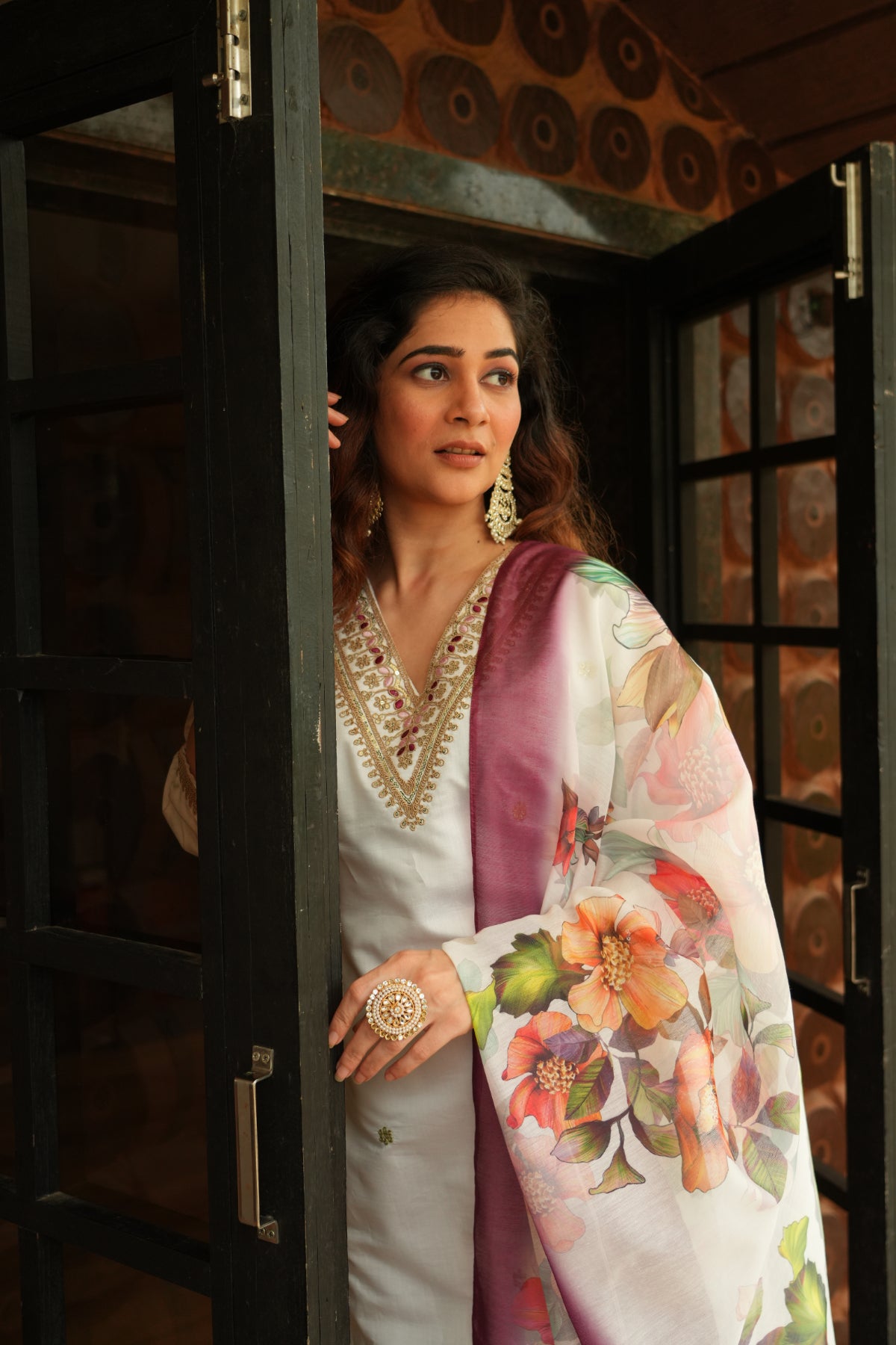 Women's White Roman Silk Embroidered Kurta Pant Set with Floral Digital Print Chanderi Silk Dupatta | Festive & Party Wear Suit Set
