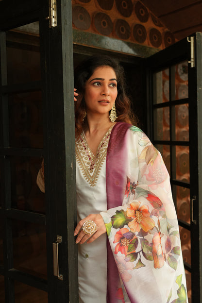 Women's White Roman Silk Embroidered Kurta Pant Set with Floral Digital Print Chanderi Silk Dupatta | Festive & Party Wear Suit Set