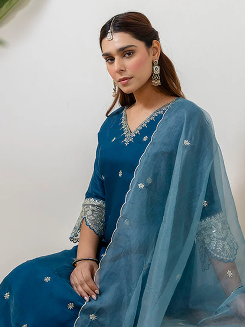 Meher Teal-blue Embroidred Kurta Sets with Sequins Work Women Suits