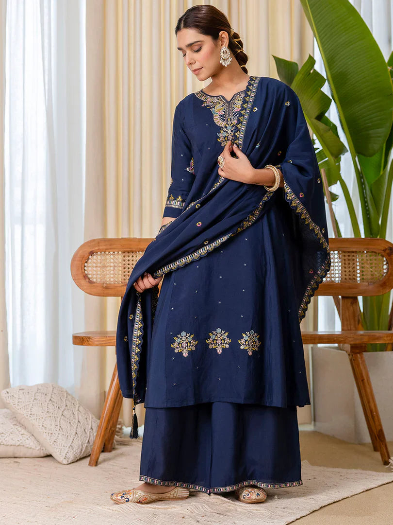 Zarika Teal-blue Exclusive Embroidered Kurta Plazo Set for Women