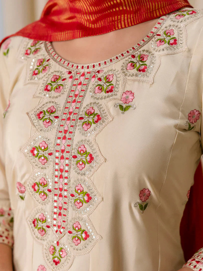 Nazneen Beige Elegant Silk Kurta Pant Set