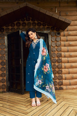 Women's Teal Blue Roman Silk Embroidered Kurta Pant Set with Floral Digital Print Chanderi Silk Dupatta