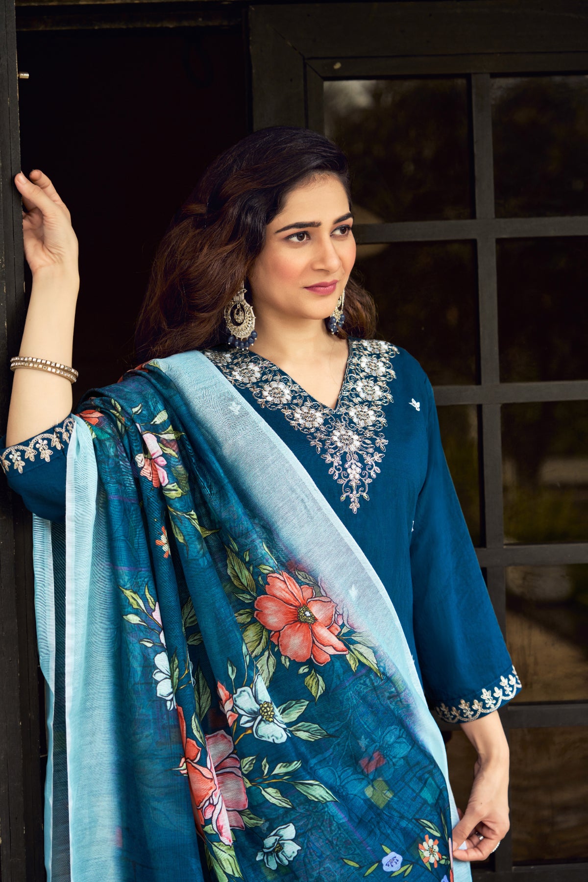 Women's Teal Blue Roman Silk Embroidered Kurta Pant Set with Floral Digital Print Chanderi Silk Dupatta