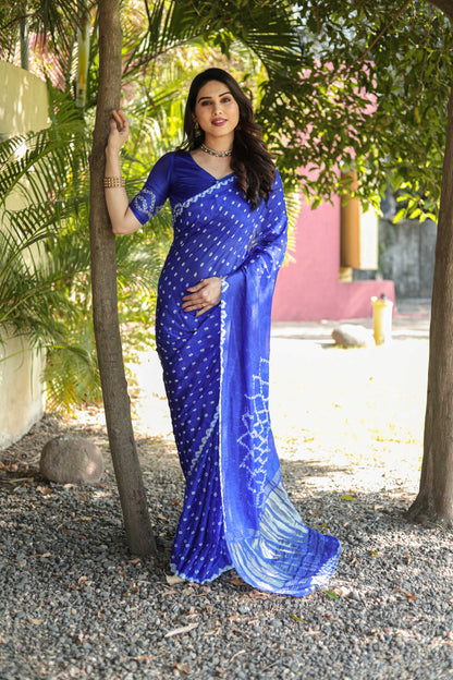 Original Bandhej Blue Color Beautiful Design Saree