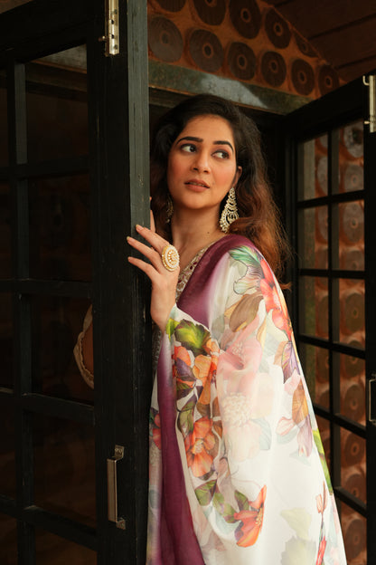 Women's White Roman Silk Embroidered Kurta Pant Set with Floral Digital Print Chanderi Silk Dupatta | Festive & Party Wear Suit Set