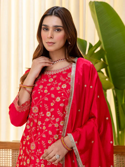 Rani Pink Silk Blend Embroidered with Sequins Straight Kurta Palazzo Dupatta Set