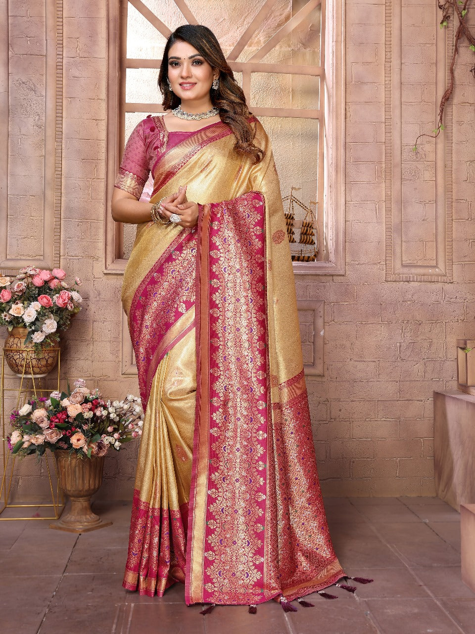 Premium Green Pure Banarasi Tissue Silk Saree with All-Over Weaving Butties
