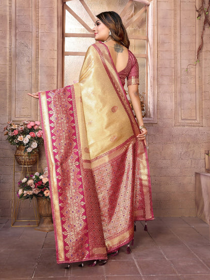 Premium Gold Pure Banarasi Tissue Silk Saree with All-Over Weaving Butties