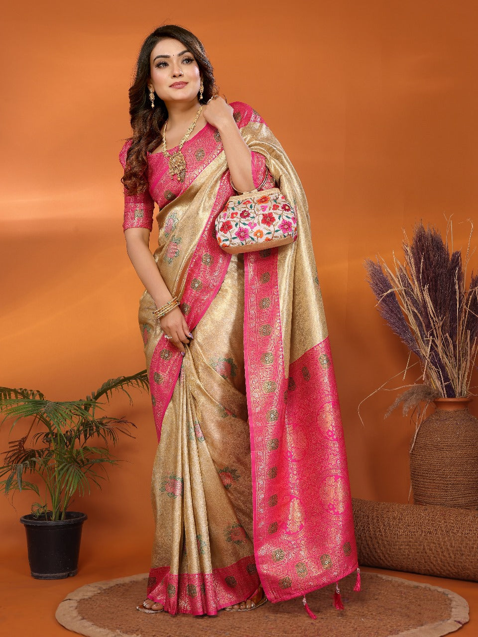 Pure Banarasi Grey & Red Tissue Silk Saree with Paithani Border & Pallu