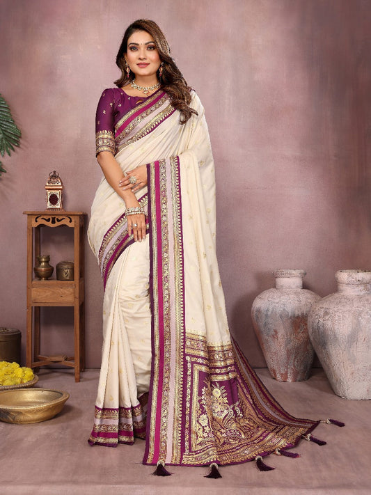 Pure Handloom Beige & Purple Kalamkari Silk Saree with Zari Woven Border & Pallu