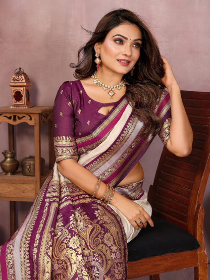 Pure Handloom Green & Purple Kalamkari Silk Saree with Zari Woven Border & Pallu