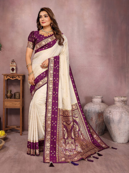 Pure Handloom Kalamkari Light-Lavender & Purple Silk Saree with Zari Woven Border & Pallu