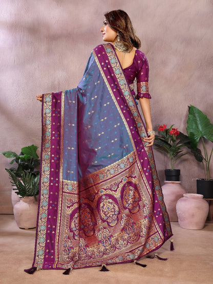 Pure Handloom Kalamkari Navy Blue & Red Silk Saree with Zari Woven Border & Pallu