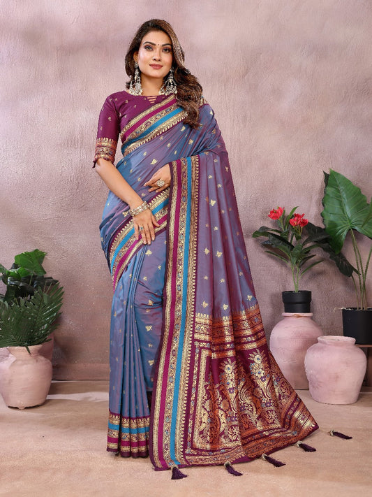 Pure Handloom Blue & Purple Kalamkari Silk Saree with Zari Woven Border & Pallu