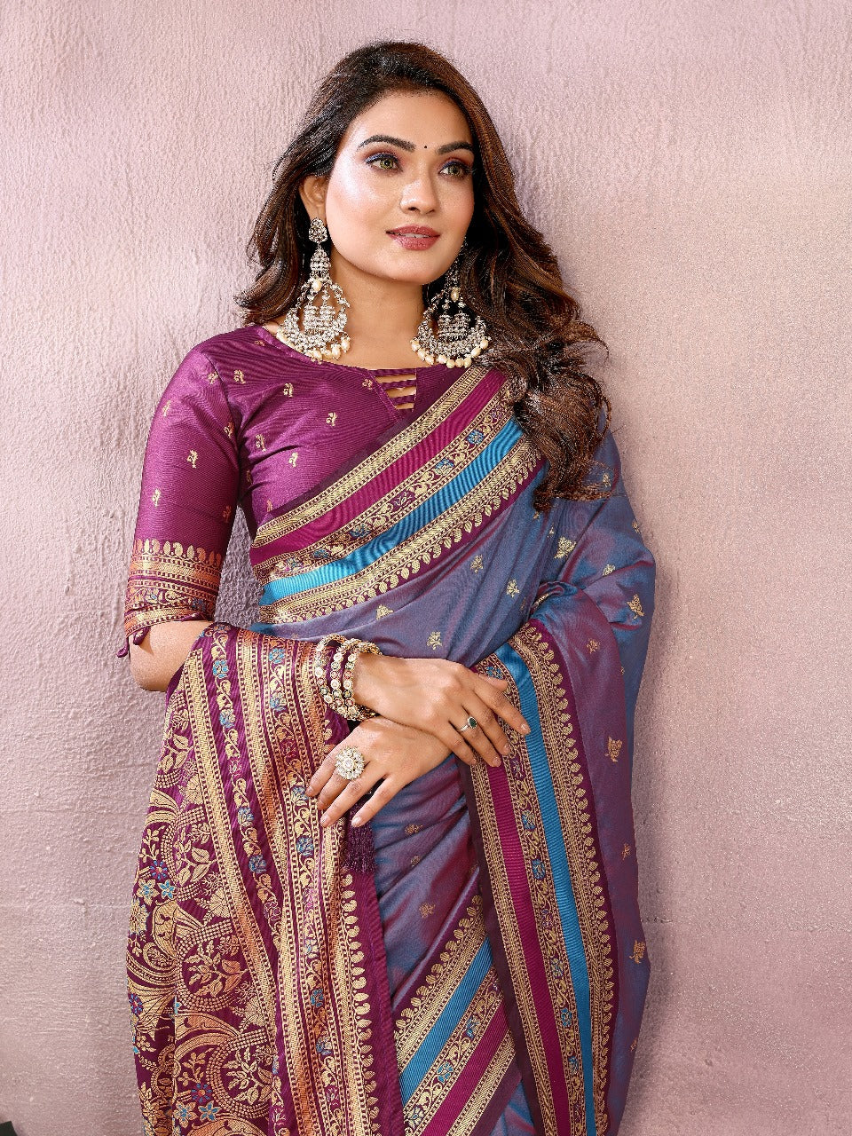 Pure Handloom Navy Blue & Red Kalamkari Silk Saree with Zari Woven Border & Pallu