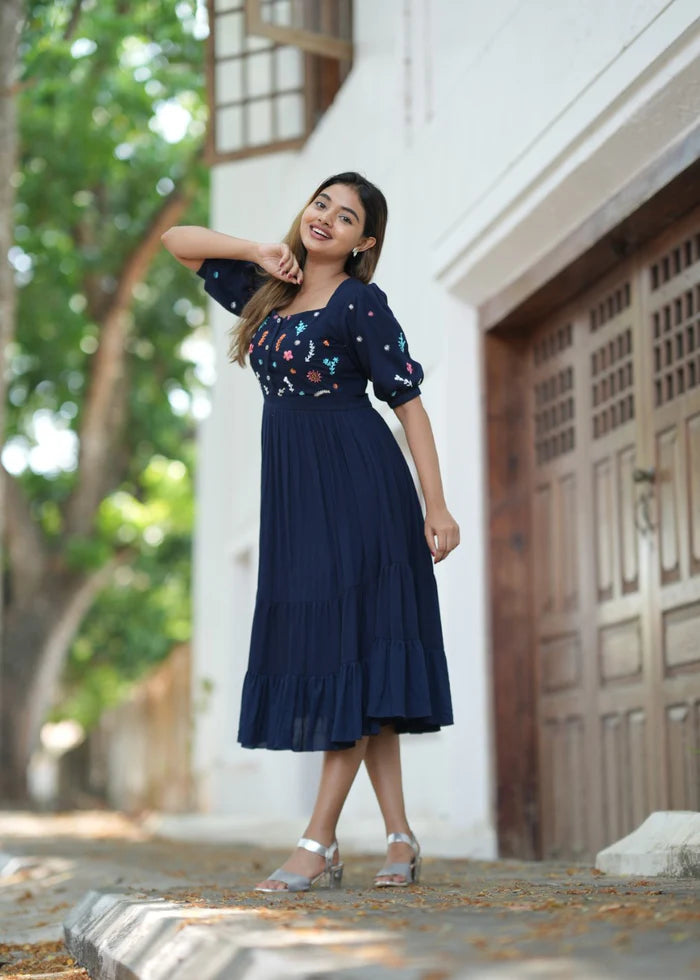 Elegant Navy Blue Floral Dress With Sweetheart Neckline And Puffed Sleeves