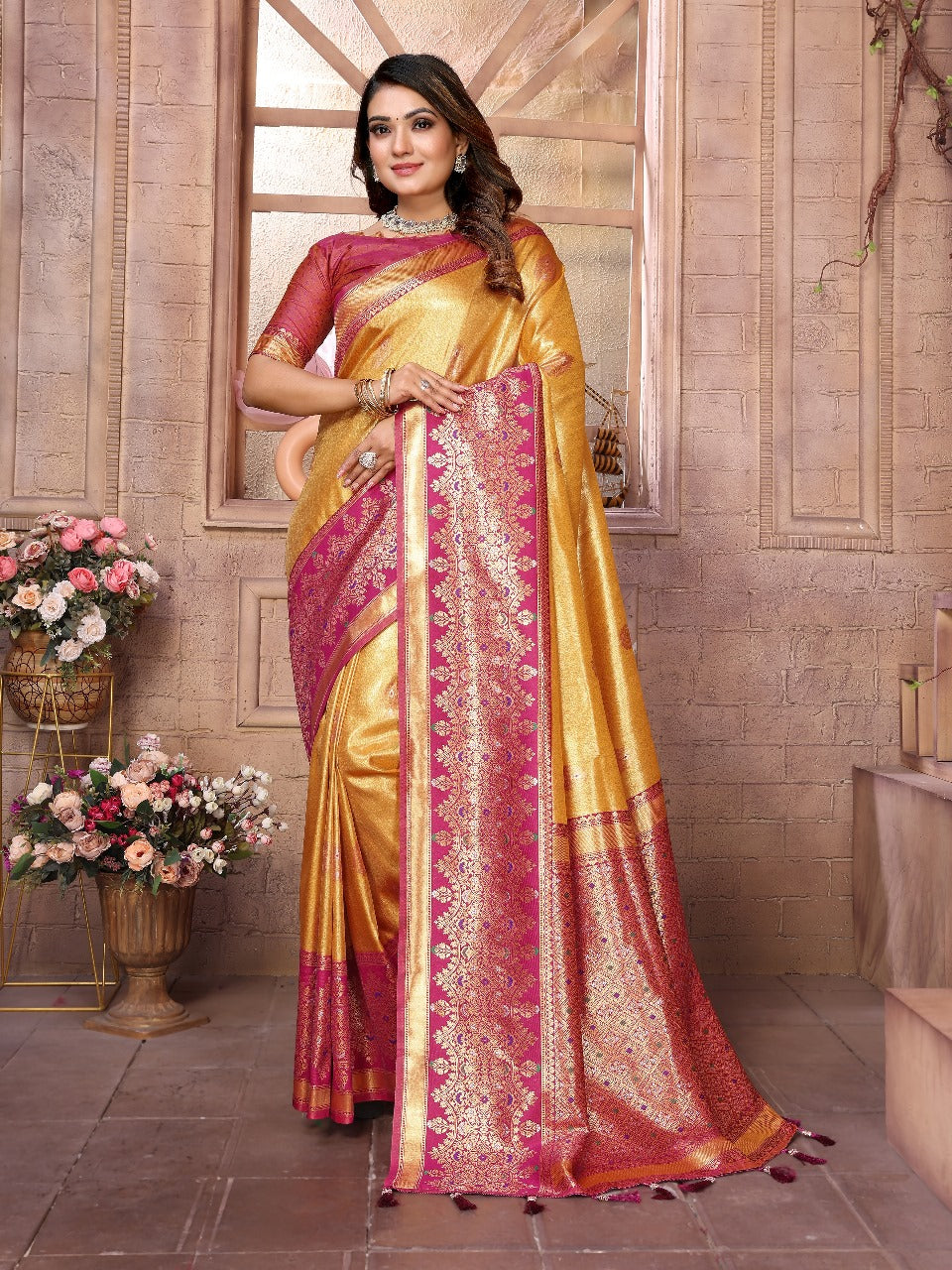 Premium Red Pure Banarasi Tissue Silk Saree with All-Over Weaving Butties