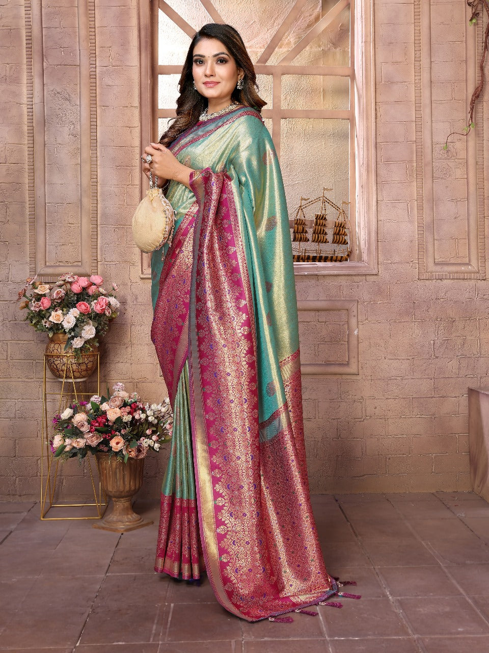 Premium Beige Pure Banarasi Tissue Silk Saree with All-Over Weaving Butties