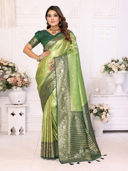Pure Banarasi Green Tissue Silk Saree with Butti Weaving