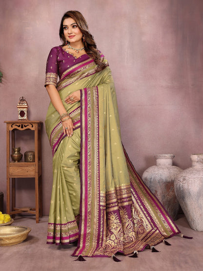 Pure Handloom Perrot & Purple Kalamkari Silk Saree with Zari Woven Border & Pallu