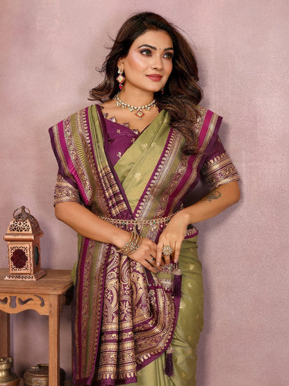 Pure Handloom Yellow & Red Kalamkari Silk Saree with Zari Woven Border & Pallu