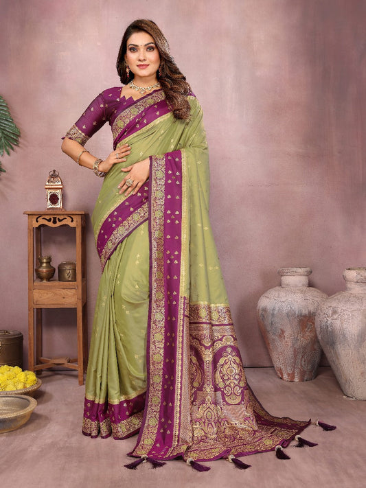 Pure Handloom Kalamkari Green & Purple Silk Saree with Zari Woven Border & Pallu