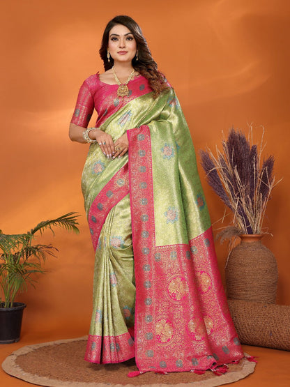 Pure Banarasi Beige & Pink Tissue Silk Saree with Paithani Border & Pallu