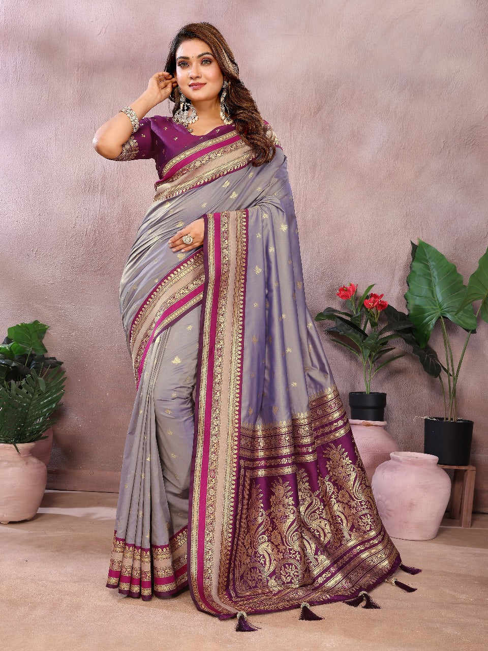 Pure Handloom Perrot & Purple Kalamkari Silk Saree with Zari Woven Border & Pallu