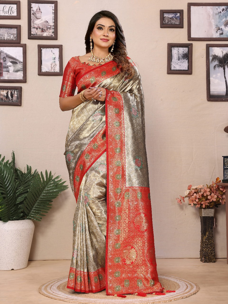 Pure Banarasi Peach & Blue Tissue Silk Saree with Paithani Border & Pallu