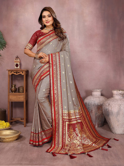 Pure Handloom Beige & Purple Kalamkari Silk Saree with Zari Woven Border & Pallu