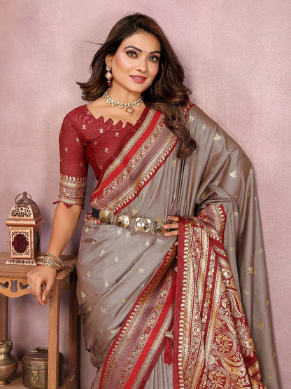 Pure Handloom Gray & Purple Kalamkari Silk Saree with Zari Woven Border & Pallu