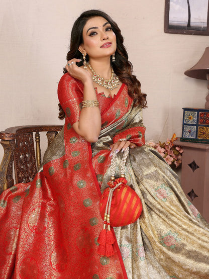 Pure Banarasi Grey & Red Tissue Silk Saree with Paithani Border & Pallu