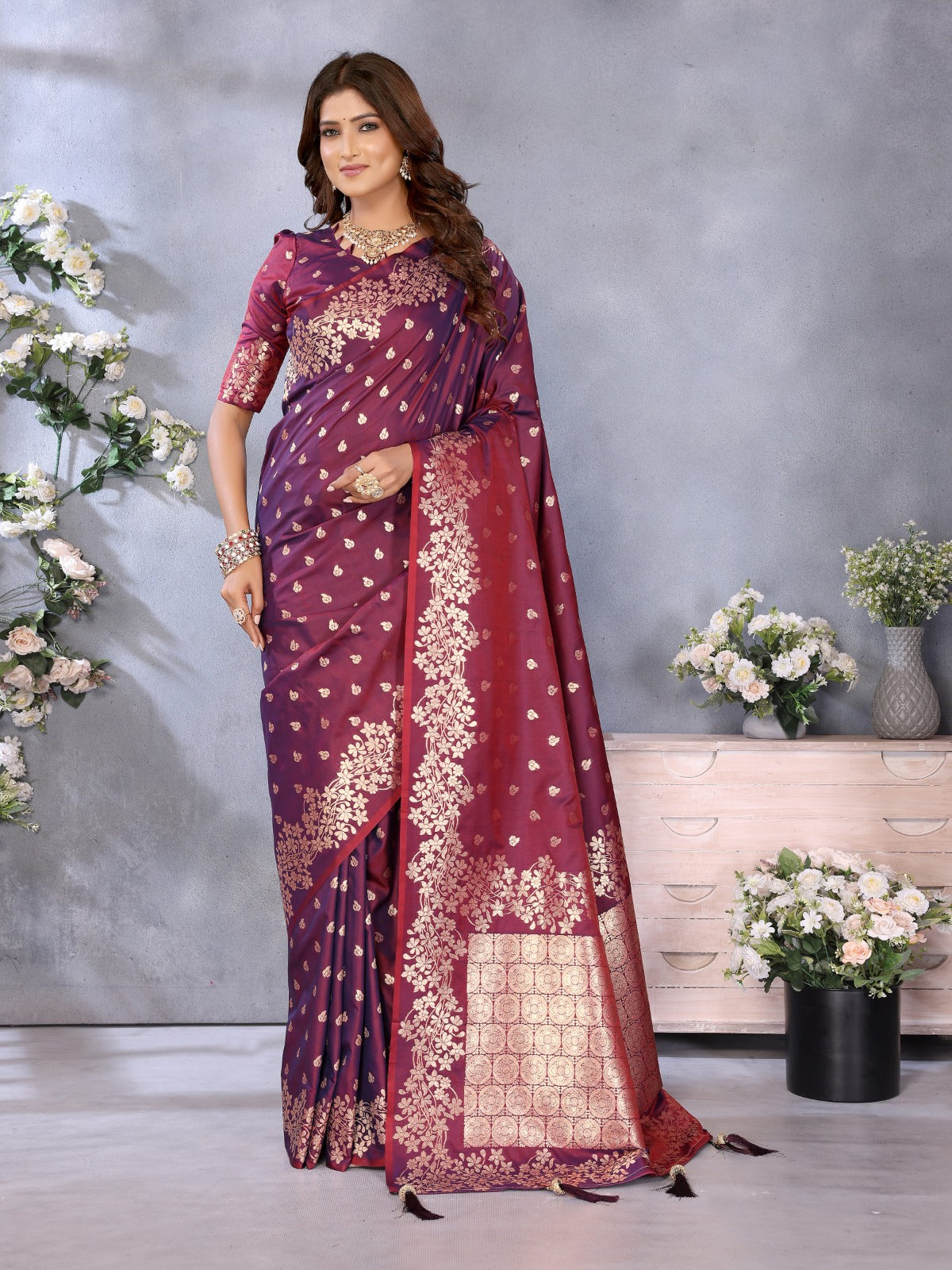 Premium Summer Maroon Banarasi Silk Saree with Exclusive Gala Weaving Work