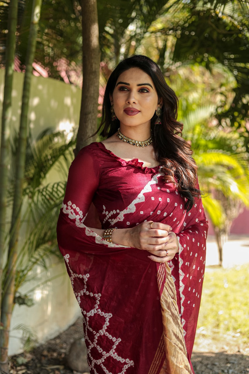 Pure Bandhej Red Silk Saree with Zari Border