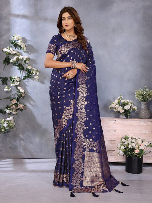 Premium Summer Navy Blue Banarasi Silk Saree with Exclusive Gala Weaving Work