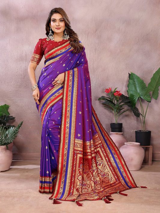 Pure Handloom Navy Blue & Red Kalamkari Silk Saree with Zari Woven Border & Pallu