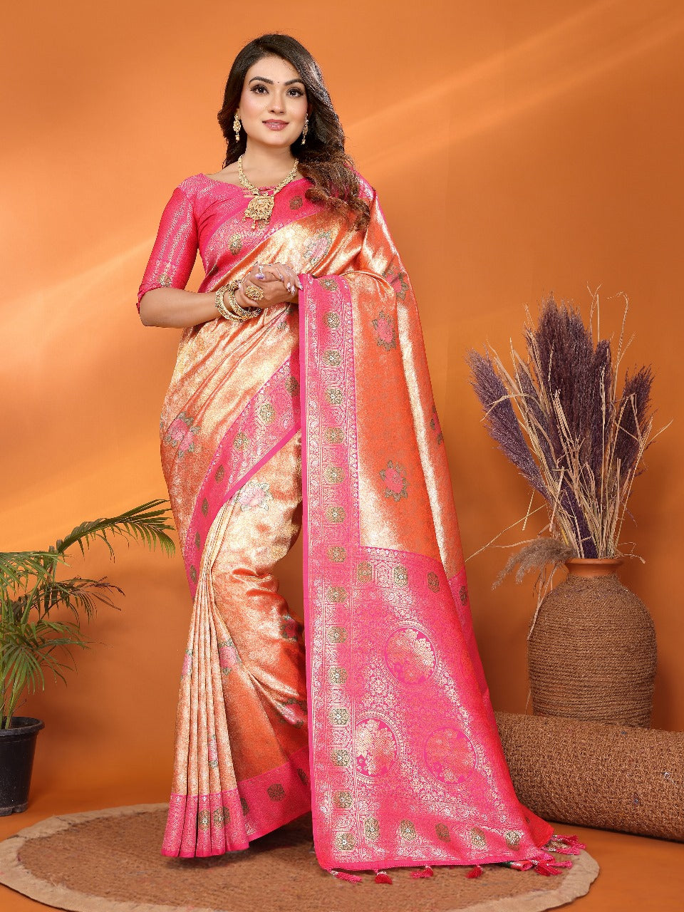 Pure Banarasi Beige & Pink Tissue Silk Saree with Paithani Border & Pallu