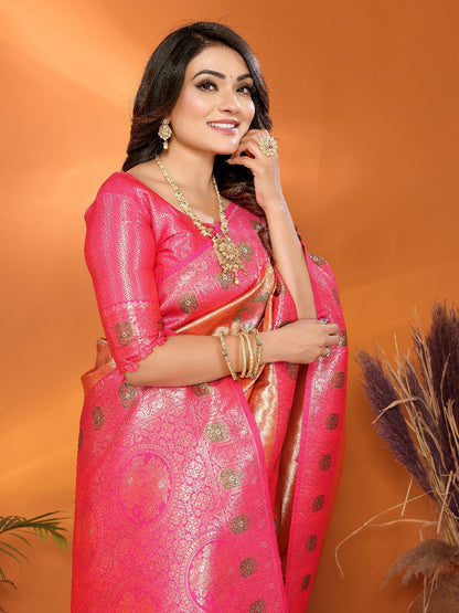 Pure Banarasi Orange & Pink Tissue Silk Saree with Paithani Border & Pallu