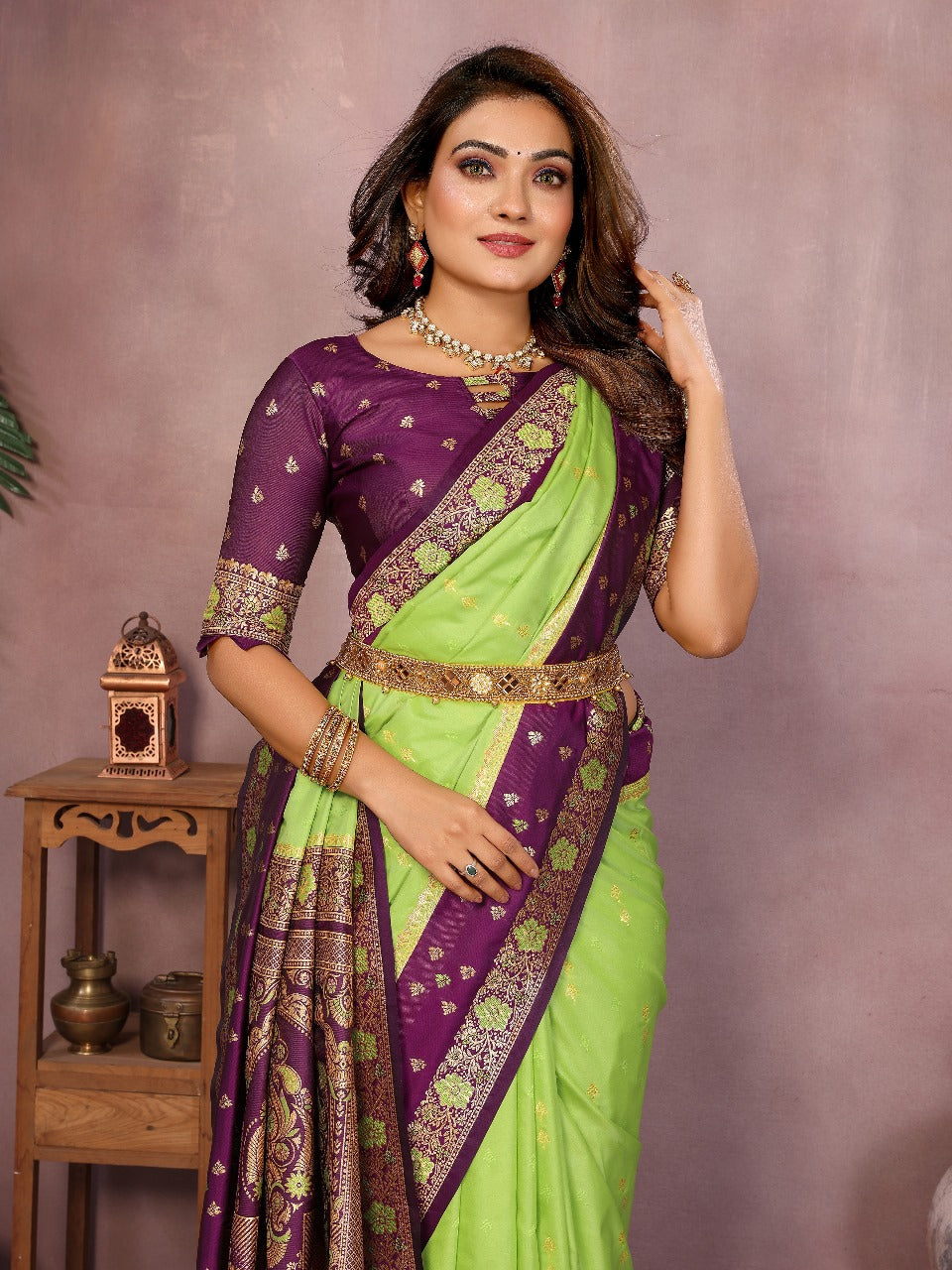 Pure Handloom Kalamkari Parrot Green & Purple Silk Saree with Zari Woven Border & Pallu