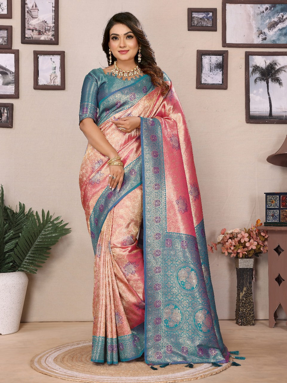 Pure Banarasi Grey & Red Tissue Silk Saree with Paithani Border & Pallu