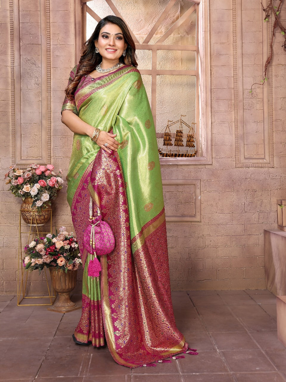 Premium Beige Pure Banarasi Tissue Silk Saree with All-Over Weaving Butties