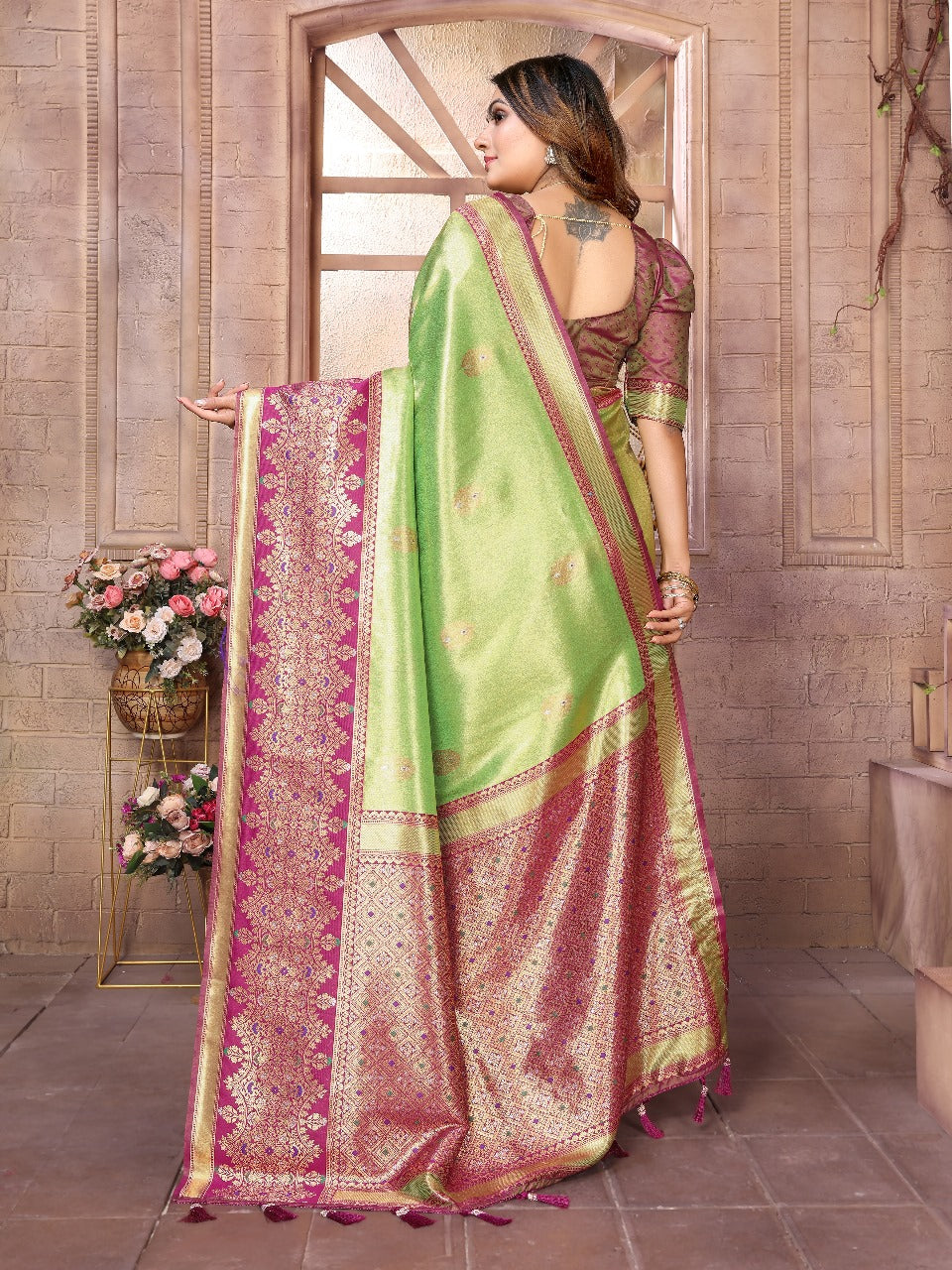 Premium Green Pure Banarasi Tissue Silk Saree with All-Over Weaving Butties