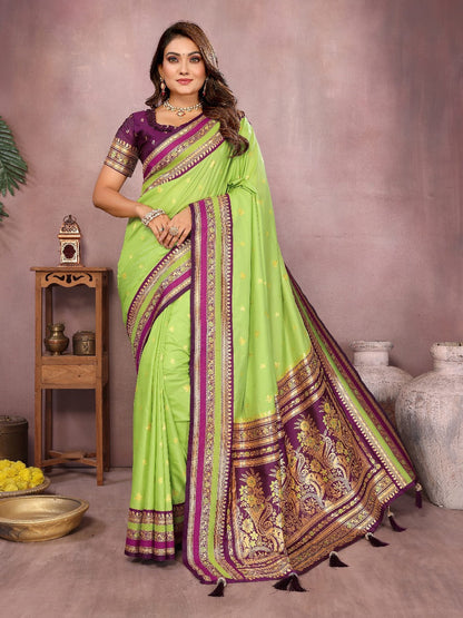 Pure Handloom Beige & Purple Kalamkari Silk Saree with Zari Woven Border & Pallu