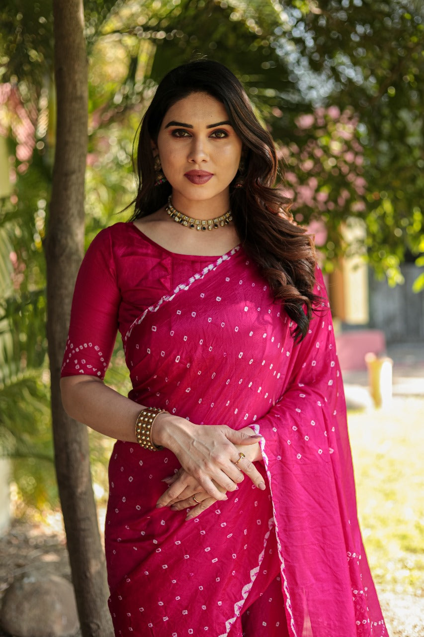 Pure Bandhej Pink Silk Saree with Zari Border