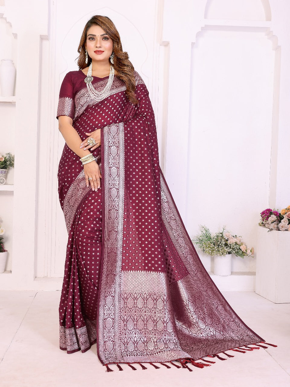 Soft & Lightweight Wine Georgette Silk Saree with Rich Zari Weaving