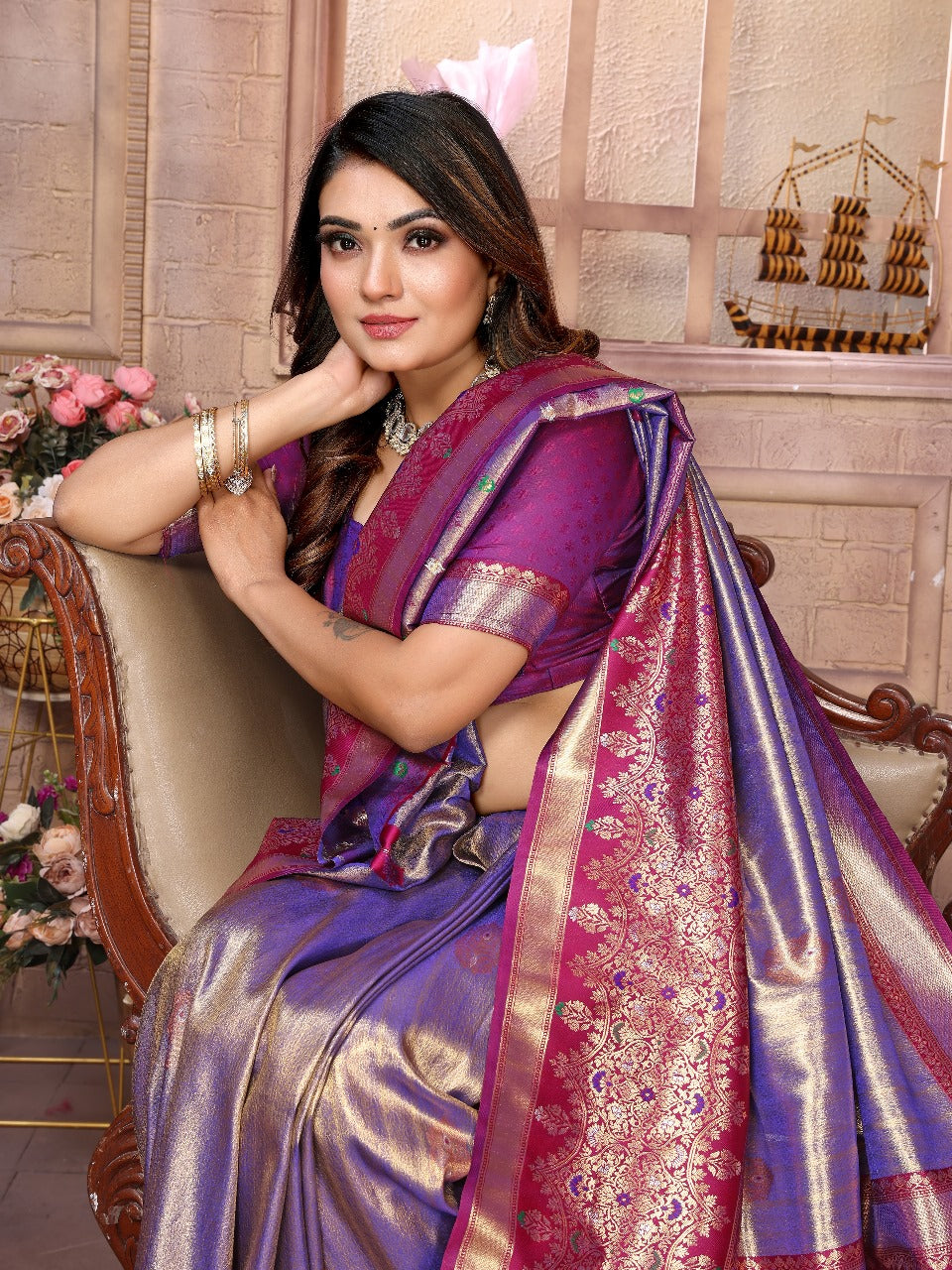 Premium Purple Pure Banarasi Tissue Silk Saree with All-Over Weaving Butties