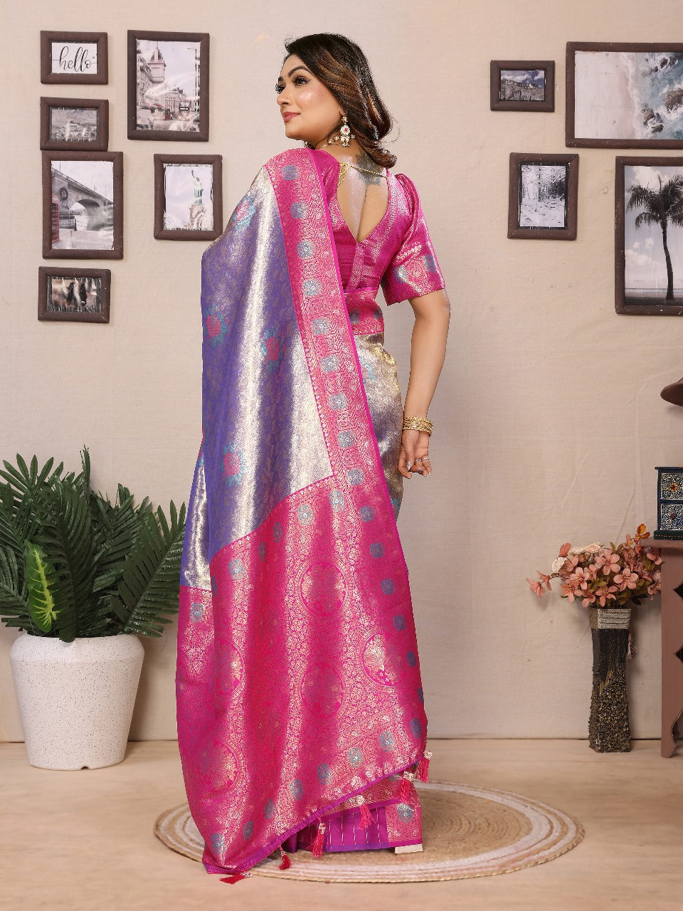 Pure Banarasi Teal Green & Pink Tissue Silk Saree with Paithani Border & Pallu