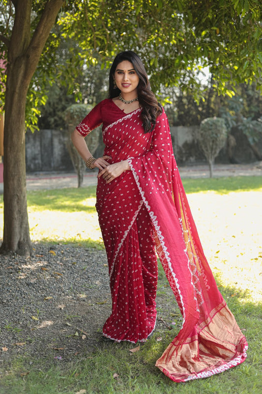 Pure Bandhej Red Silk Saree with Zari Border